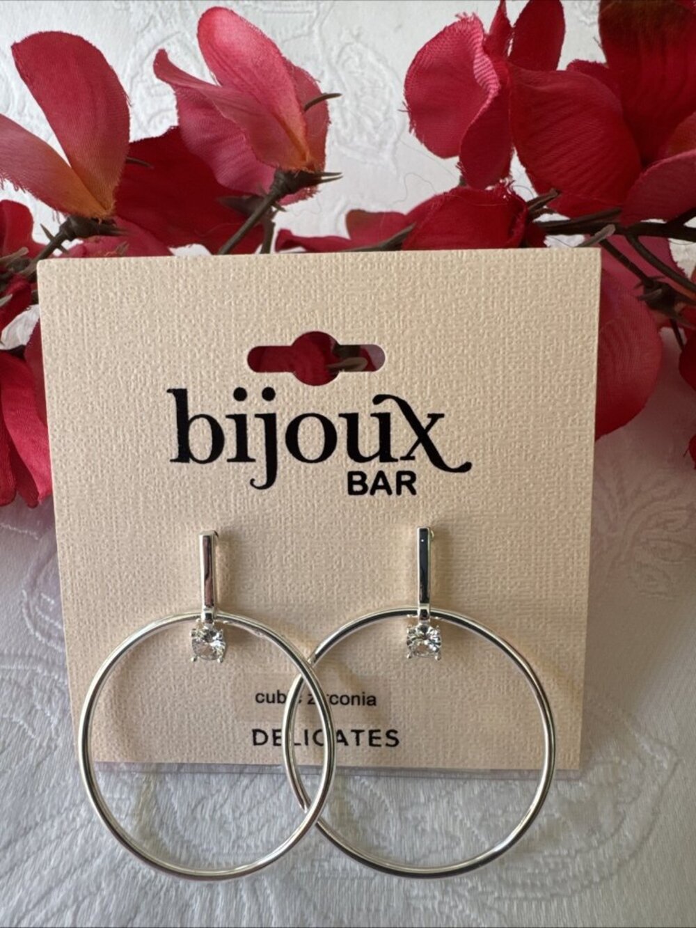 Bijoux Bar Delicates Earrings Dangle Thin CZ Bead Silver Tone 1.5" Hoops NEW